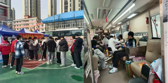 ↑ 3月19日,和平街道红十字会联合武汉市血液中心,在武汉科技职业学院开展无偿献血活动。早上9点开始,献血车前就排起了长龙,一股义务献血的爱心热潮在校园内激荡。志愿者们通过悬挂横幅、放置宣传海报架、发放宣传资料和电子屏播放无偿献血及造干的相关宣传视频等方式向学生们普及无偿献血及造干的相关知识。参与献血的师生们纷纷表示,献血既有益于个人身体健康又能帮助他人度过难关,能为生命的延续贡献自己的力量,以实际行动践行青年的使命和担当。